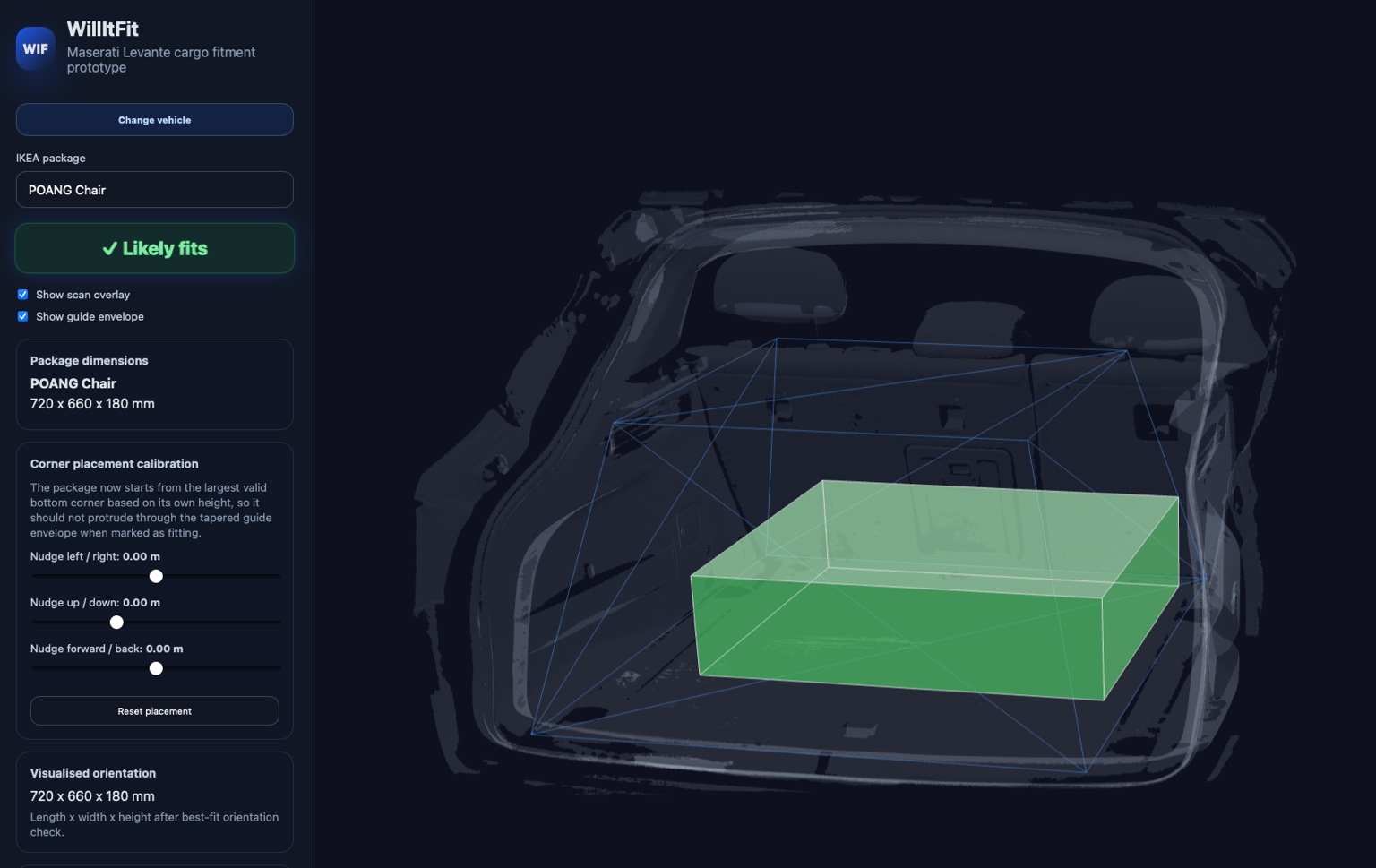 Willitfit cargo fitment prototype showing a Maserati Levante scan with package fit validation